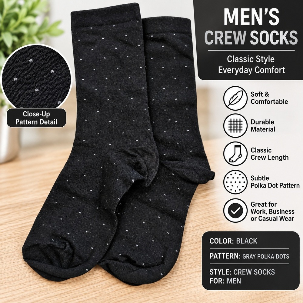 Mens Crew Socks Black with Gray Polka Dots Classic Business Casual Dress Socks